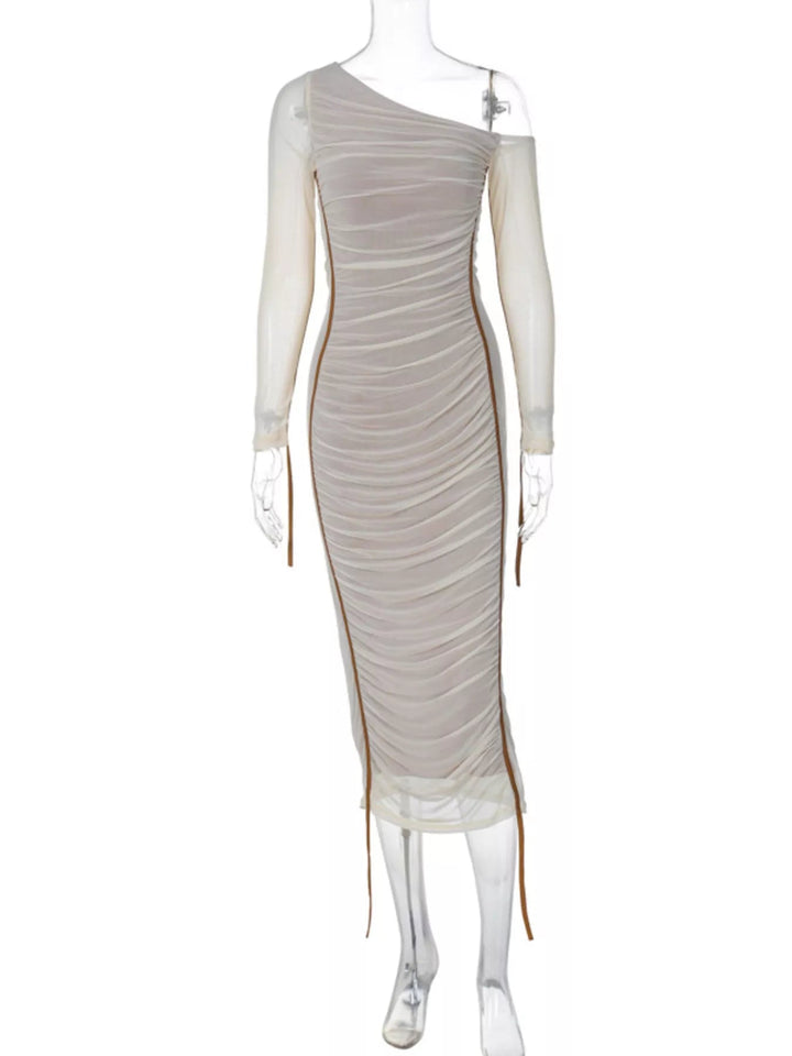 One-Shoulder Ruched Bodycon Dress in sleek midi length featuring asymmetrical neckline, fitted silhouette, and elegant draped detailing