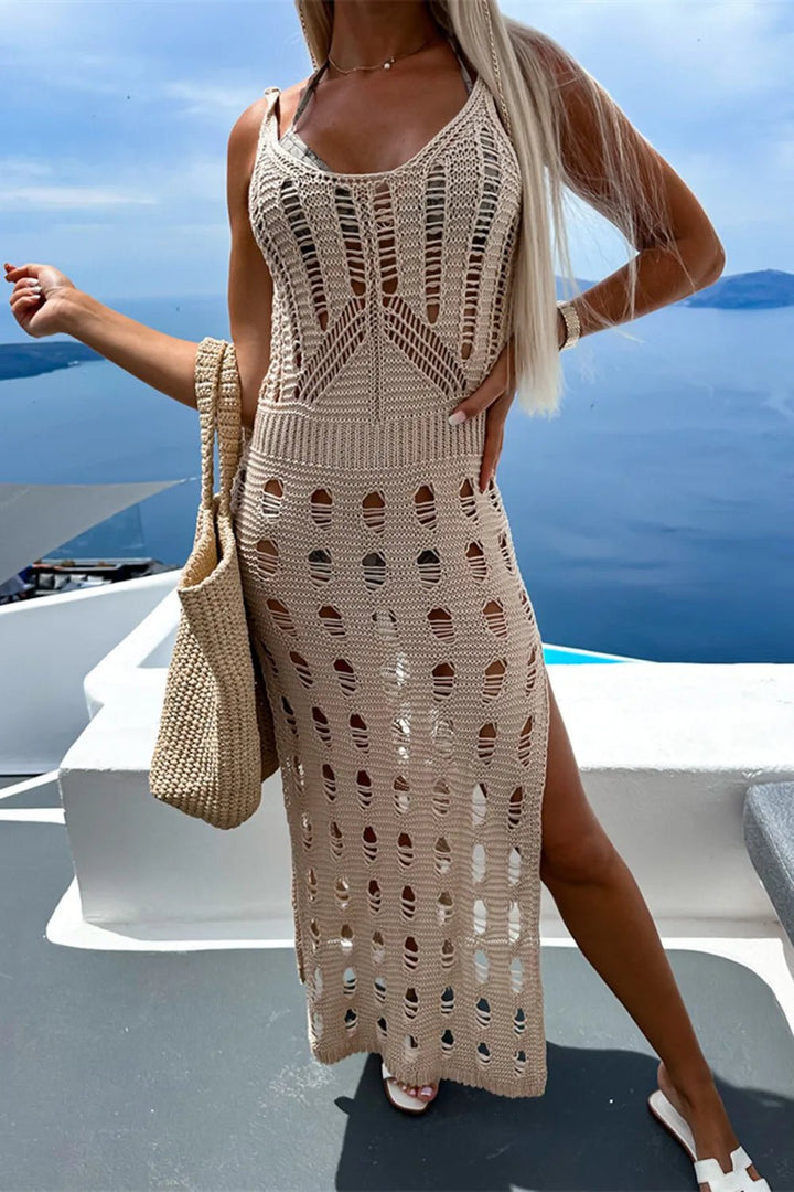 Openwork Slit Cover Up with scoop neckline, sleeveless design, stretchy knit fabric, and side slit detail for beach styling.