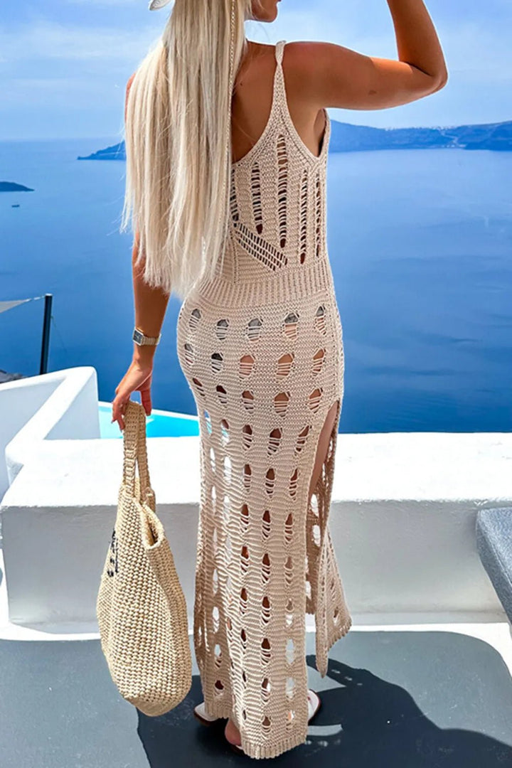 Openwork Slit Cover Up with scoop neckline, sleeveless design, stretchy knit fabric, and side slit detail for beach styling.