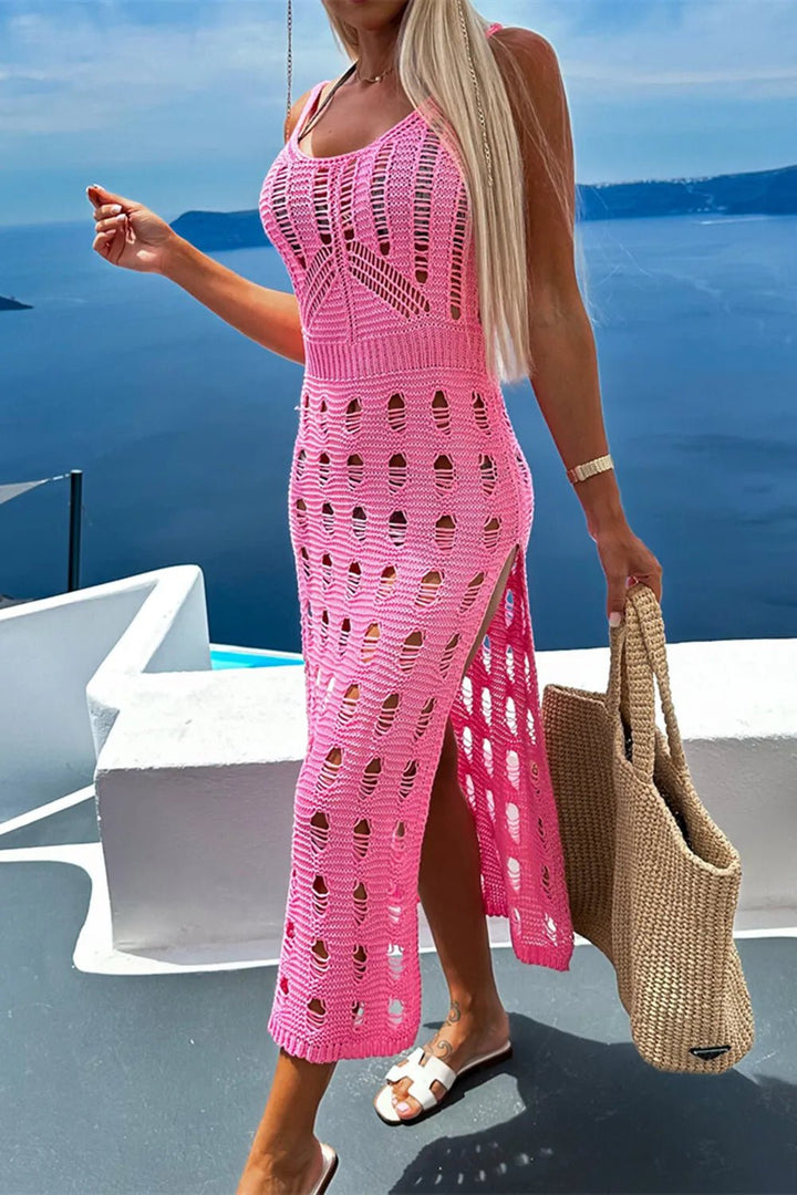 Openwork Slit Cover Up with scoop neckline, sleeveless design, stretchy knit fabric, and side slit detail for beach styling.