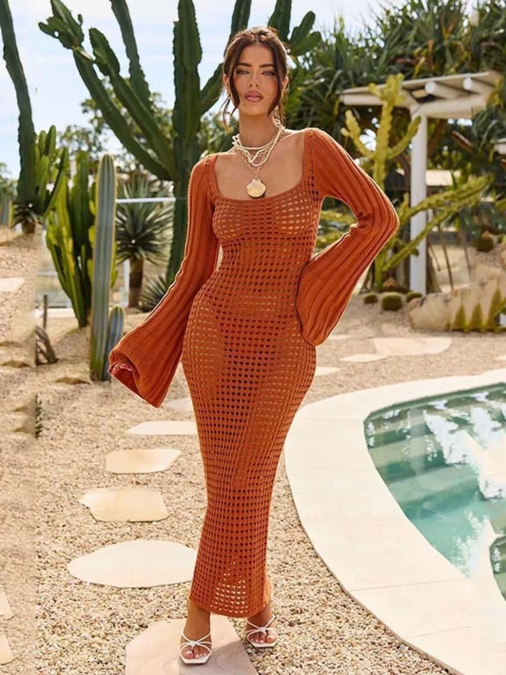 Openwork Square Neck Cover-Up Dress featuring sheer openwork fabric, structured square neckline, and dramatic flare sleeves in a body-skimming silhouette