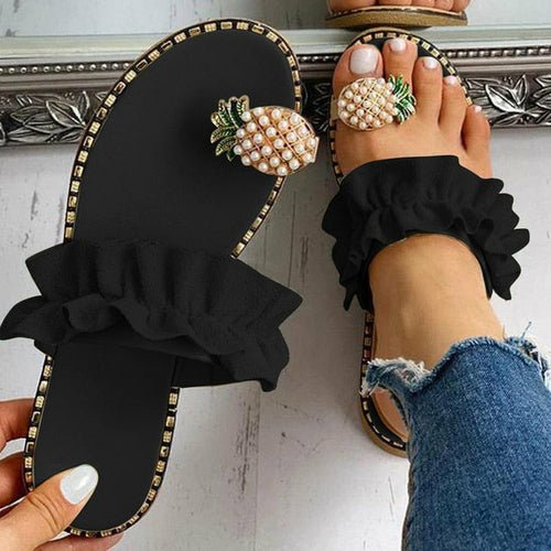 Pineapple Pearl Beach Slides – flat casual women’s slippers with pearl embellishments and open-toe design in summer colors