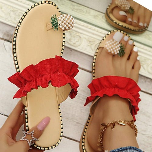 Pineapple Pearl Beach Slides – flat casual women’s slippers with pearl embellishments and open-toe design in summer colors