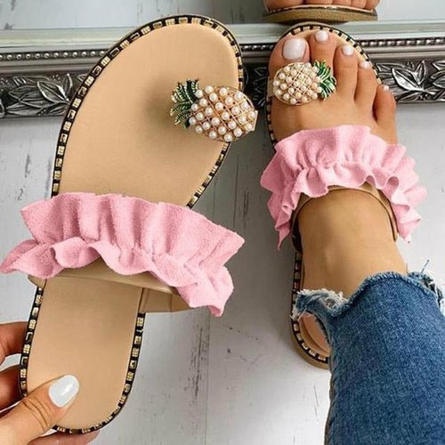 Pineapple Pearl Beach Slides – flat casual women’s slippers with pearl embellishments and open-toe design in summer colors