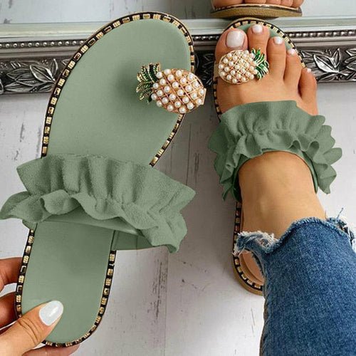 Pineapple Pearl Beach Slides – flat casual women’s slippers with pearl embellishments and open-toe design in summer colors