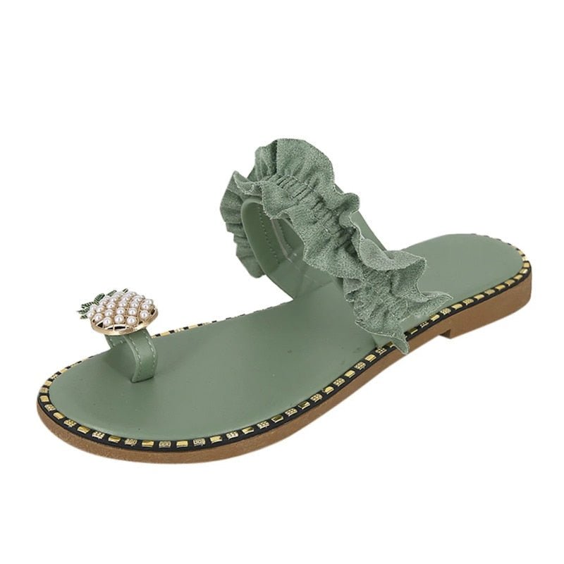 Pineapple Pearl Beach Slides – flat casual women’s slippers with pearl embellishments and open-toe design in summer colors