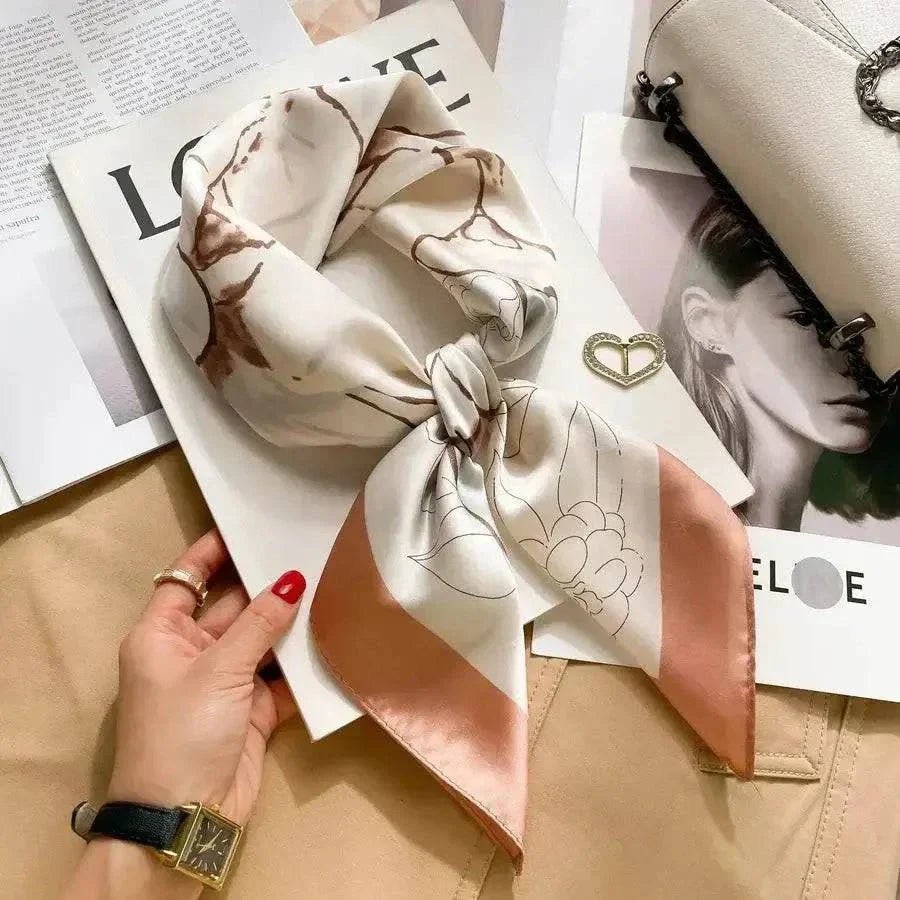 Women’s square silk scarf with plaid stripe print in a lightweight elegant design