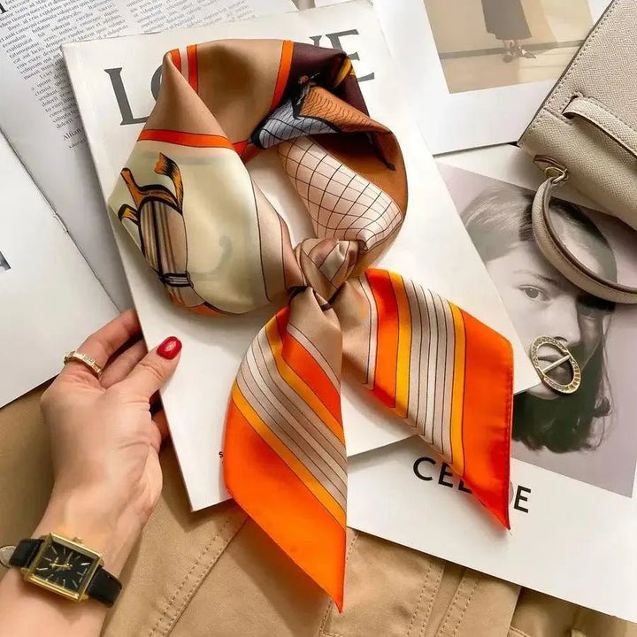 Women’s square silk scarf with plaid stripe print in a lightweight elegant design