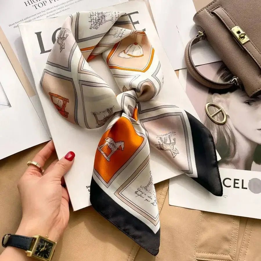 Women’s square silk scarf with plaid stripe print in a lightweight elegant design