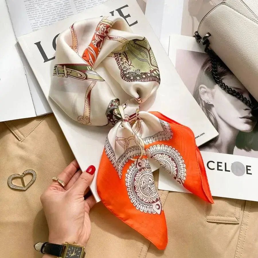 Women’s square silk scarf with plaid stripe print in a lightweight elegant design