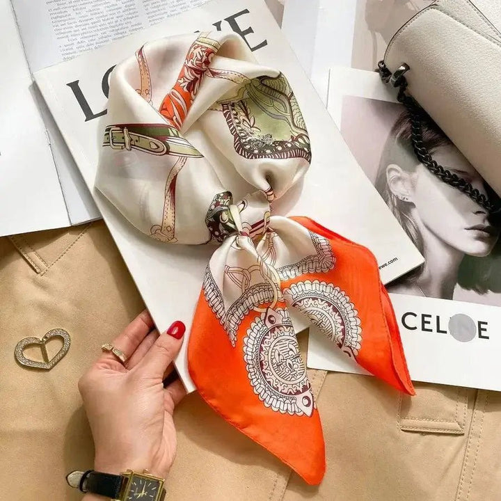 Women’s square silk scarf with plaid stripe print in a lightweight elegant design