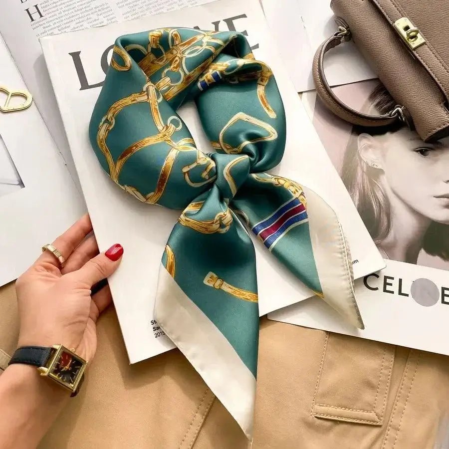 Women’s square silk scarf with plaid stripe print in a lightweight elegant design