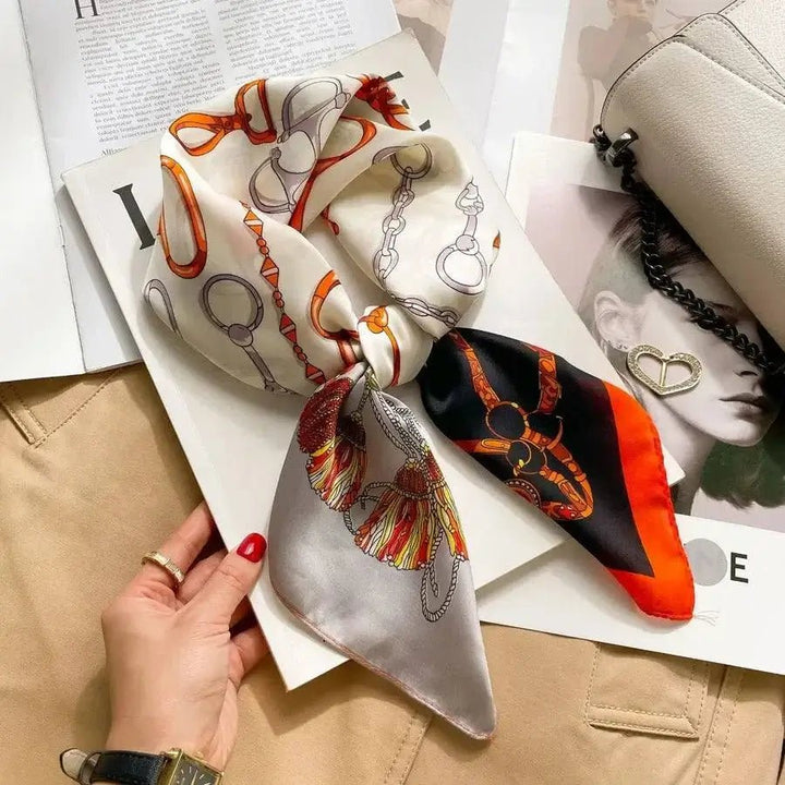 Women’s square silk scarf with plaid stripe print in a lightweight elegant design