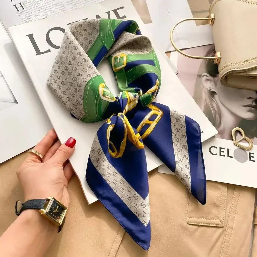 Women’s square silk scarf with plaid stripe print in a lightweight elegant design