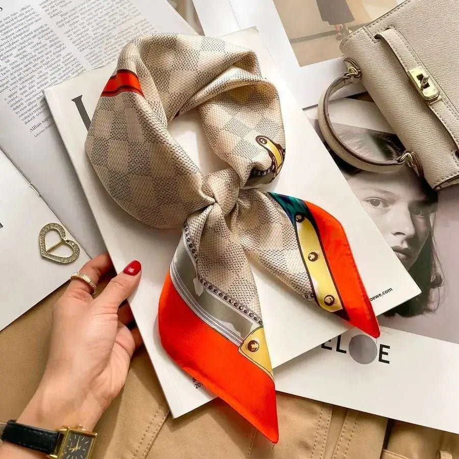 Women’s square silk scarf with plaid stripe print in a lightweight elegant design