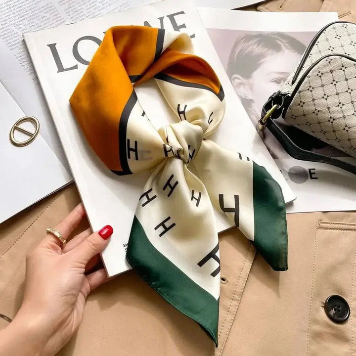 Women’s square silk scarf with plaid stripe print in a lightweight elegant design