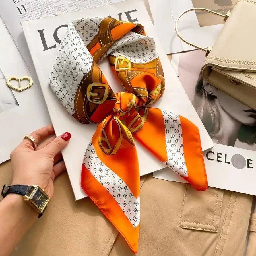 Women’s square silk scarf with plaid stripe print in a lightweight elegant design