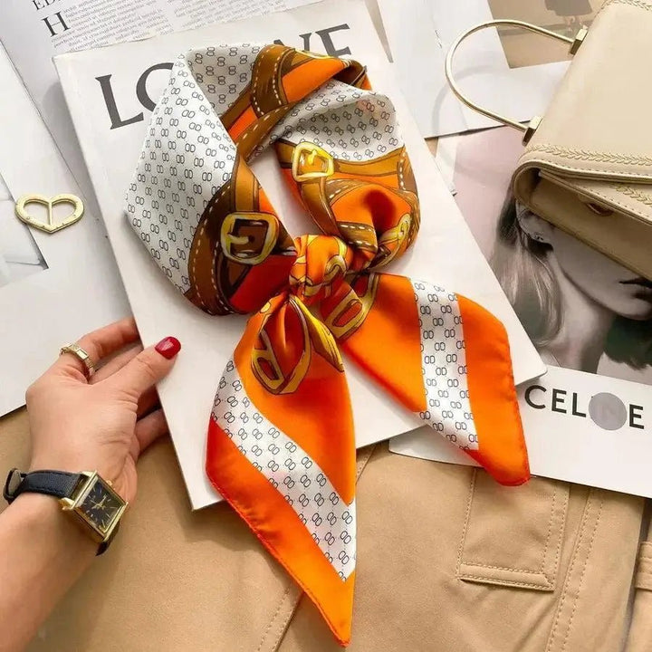 Women’s square silk scarf with plaid stripe print in a lightweight elegant design