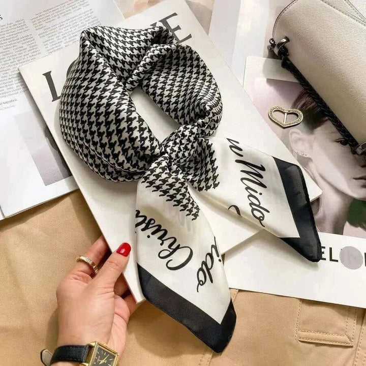 Women’s square silk scarf with plaid stripe print in a lightweight elegant design