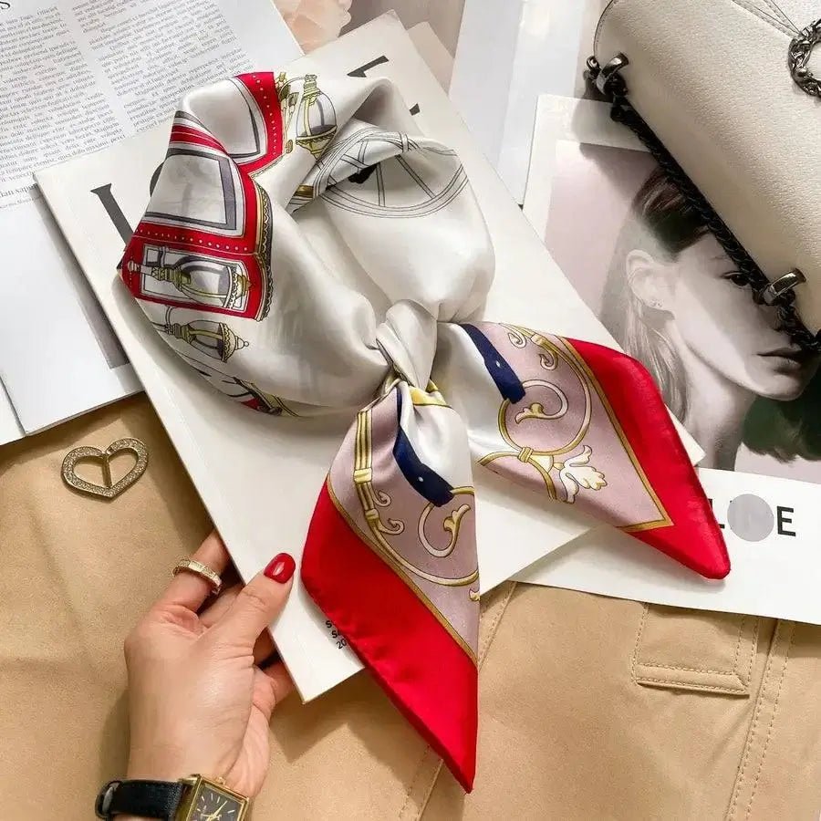 Women’s square silk scarf with plaid stripe print in a lightweight elegant design