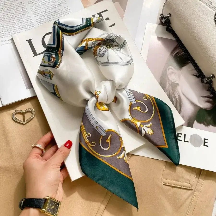 Women’s square silk scarf with plaid stripe print in a lightweight elegant design