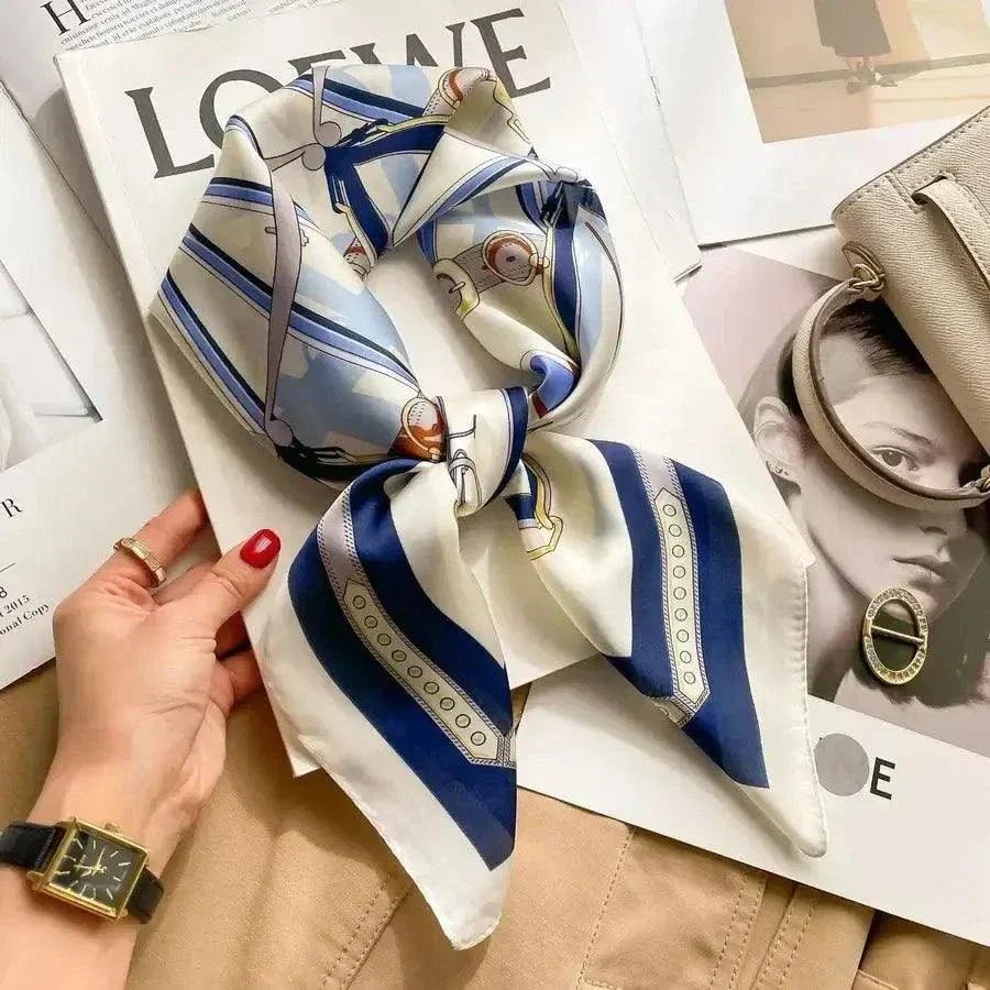 Women’s square silk scarf with plaid stripe print in a lightweight elegant design