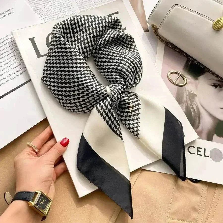 Women’s square silk scarf with plaid stripe print in a lightweight elegant design