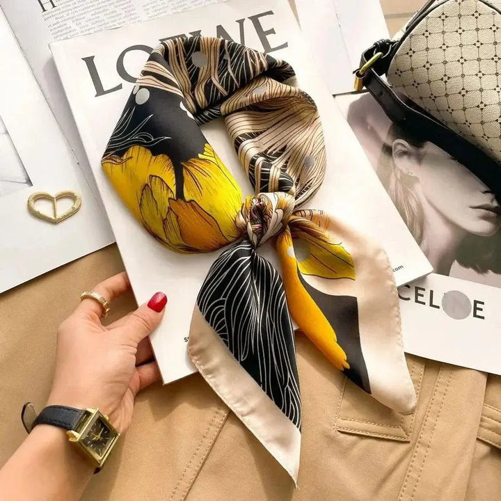 Women’s square silk scarf with plaid stripe print in a lightweight elegant design