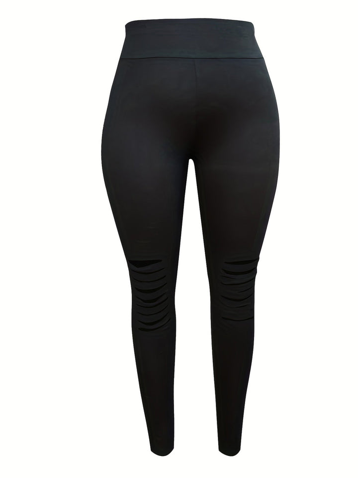Plus Size Burnt Flower Pants, high-waist solid color, breathable fabric, straight-leg design, casual and dressy style
