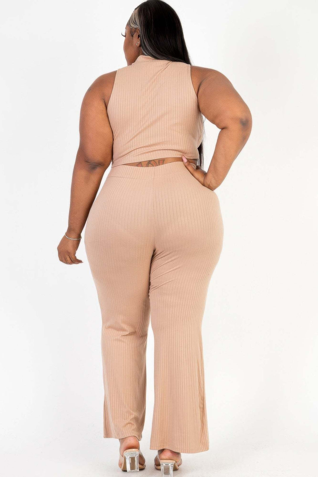 Plus Size Ribbed Mock Neck Crop Tank Top& Bootcut Pants Set - Glow Goddess