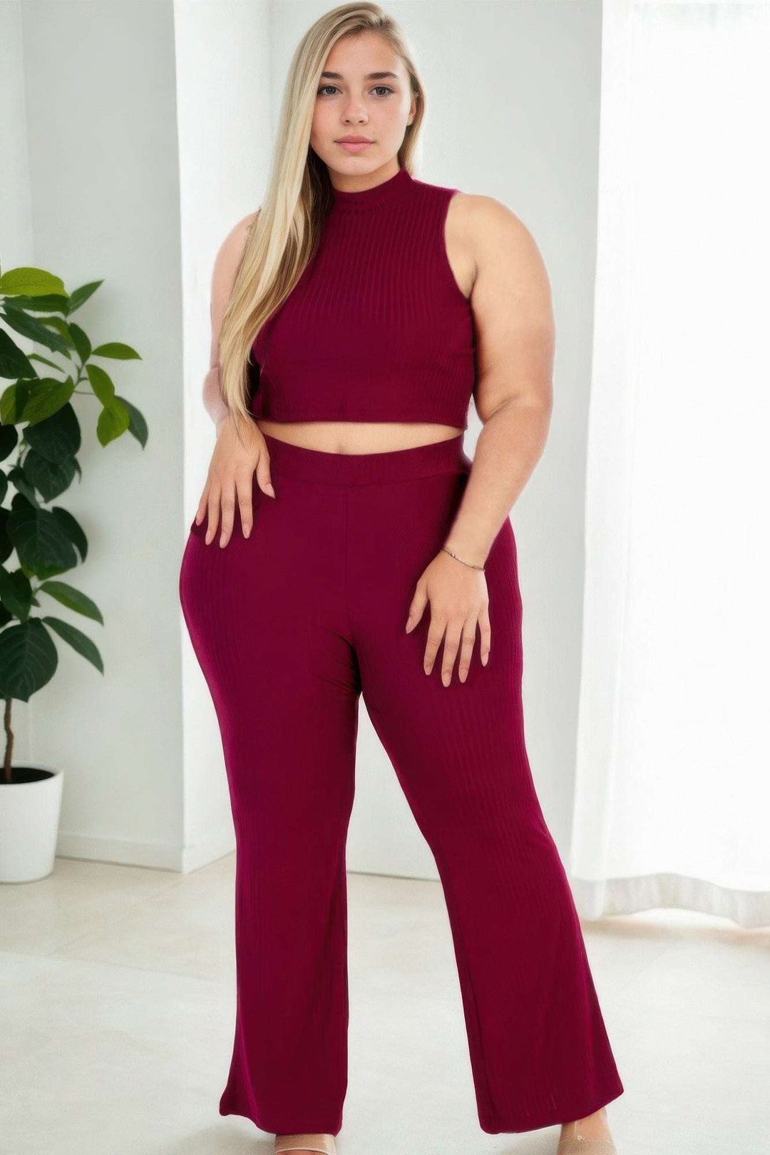 Plus Size Ribbed Mock Neck Crop Tank Top& Bootcut Pants Set - Glow Goddess
