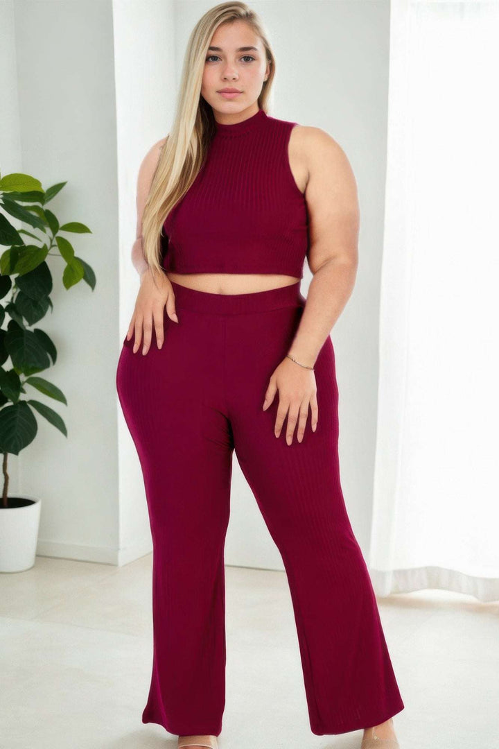 Plus Size Ribbed Mock Neck Crop Tank Top& Bootcut Pants Set - Glow Goddess