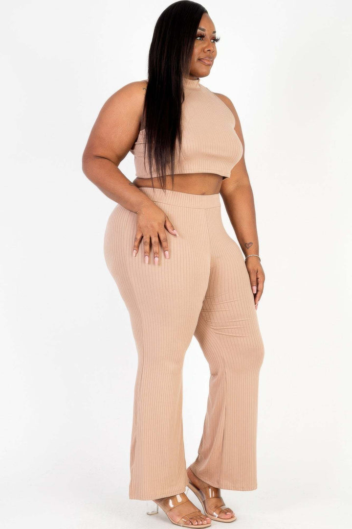 Plus Size Ribbed Mock Neck Crop Tank Top& Bootcut Pants Set - Glow Goddess