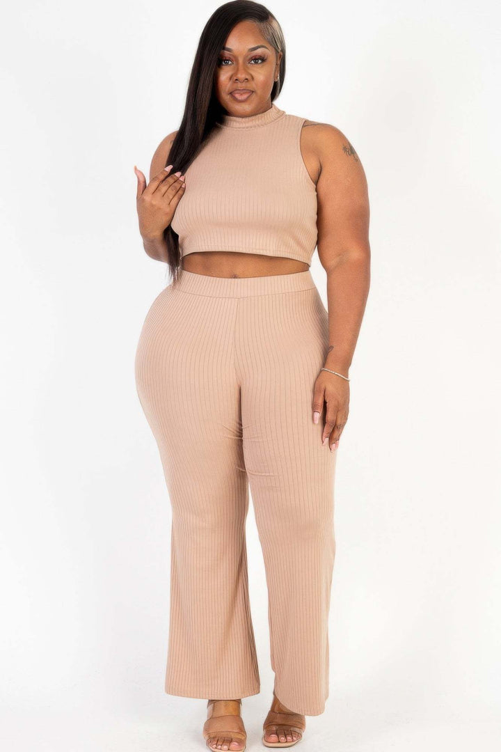 Plus Size Ribbed Mock Neck Crop Tank Top& Bootcut Pants Set - Glow Goddess