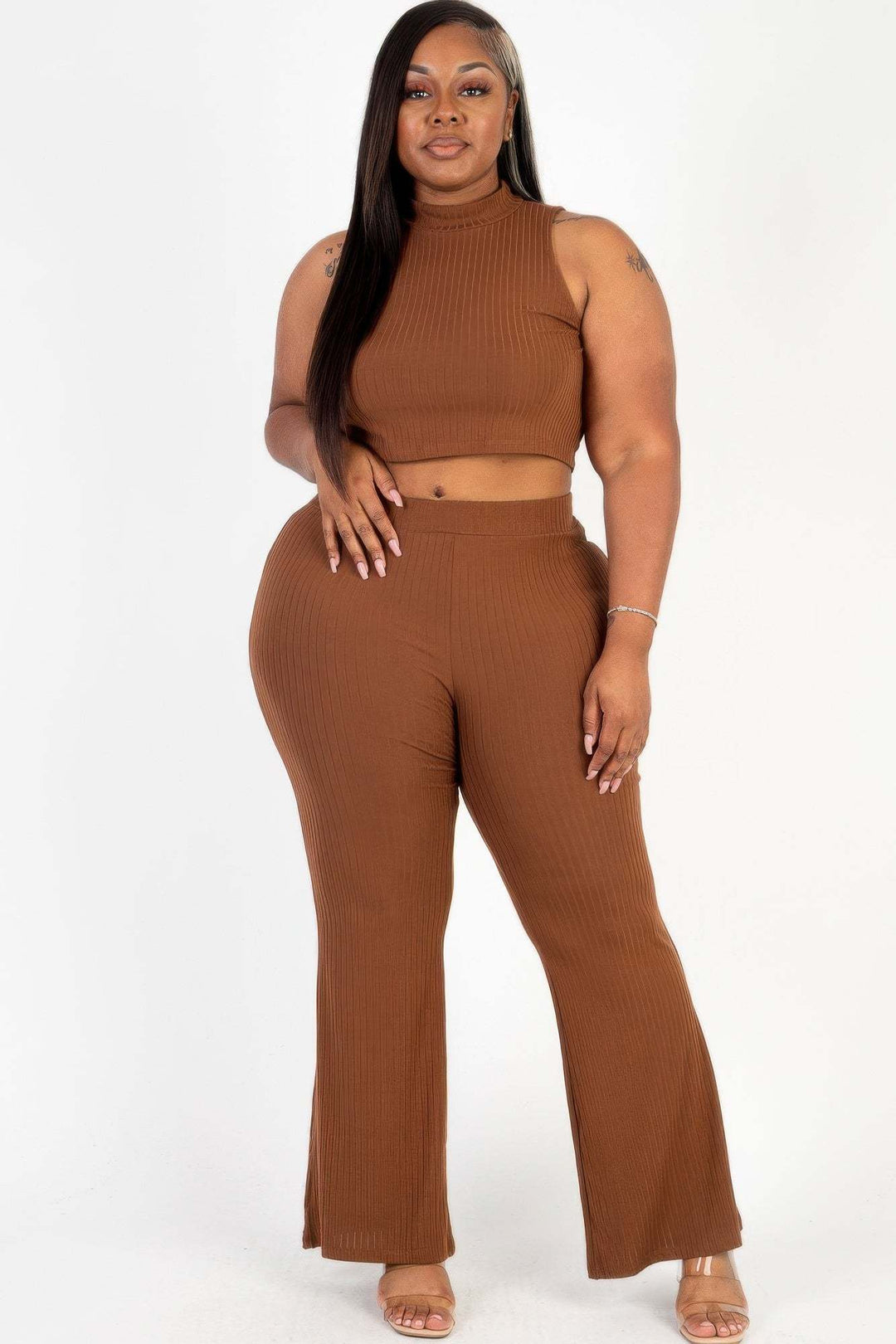 Plus Size Ribbed Mock Neck Crop Tank Top& Bootcut Pants Set - Glow Goddess