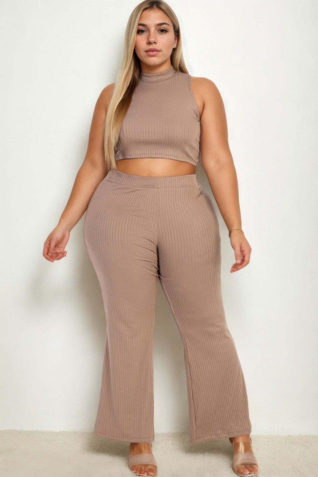 Plus Size Ribbed Mock Neck Crop Tank Top& Bootcut Pants Set - Glow Goddess