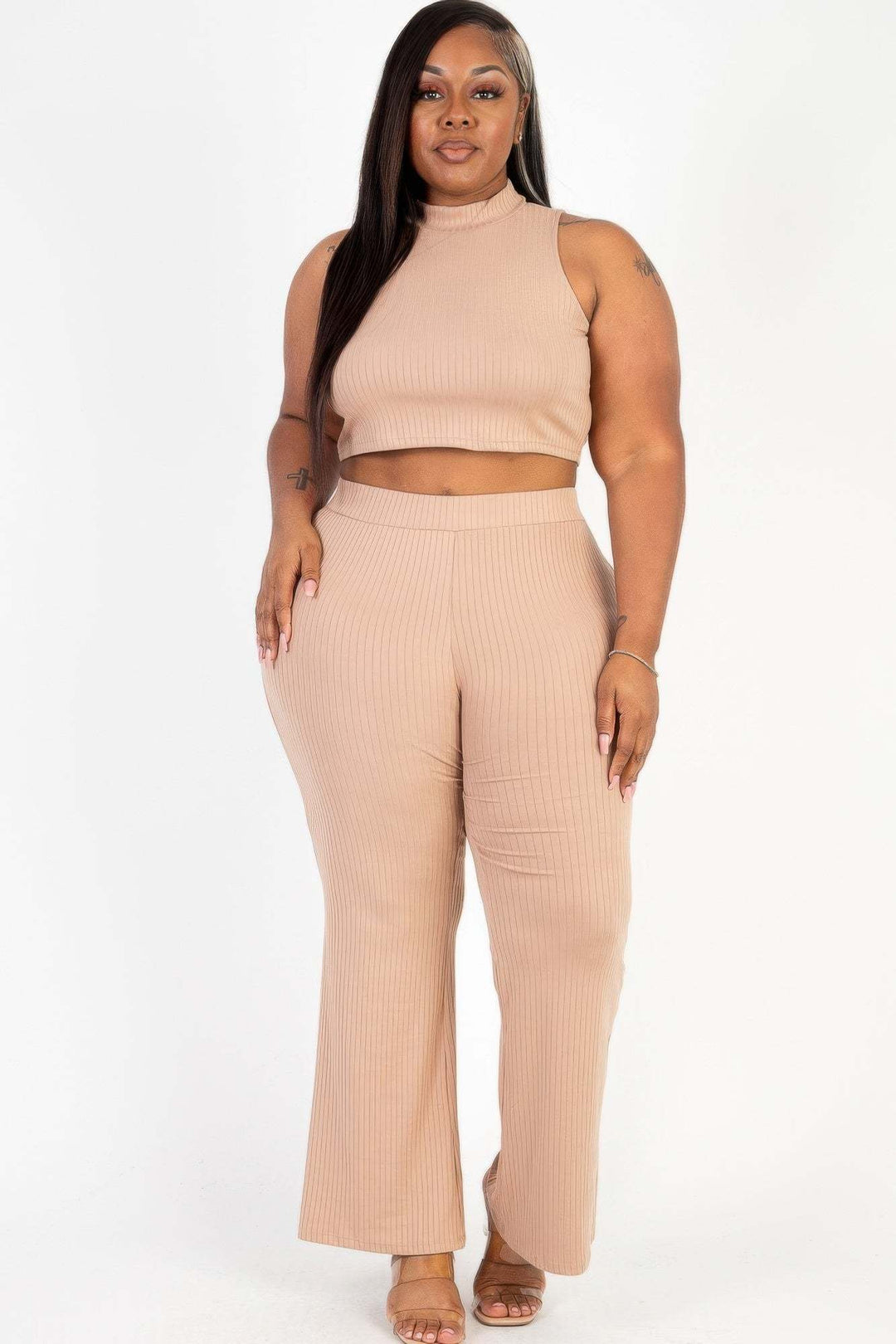 Plus Size Ribbed Mock Neck Crop Tank Top& Bootcut Pants Set - Glow Goddess