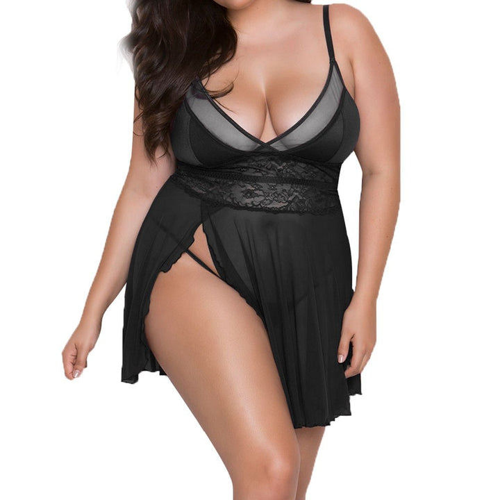 Plus size sexy nightdress for women made from soft polyester fabric, designed for comfortable and flattering pajama-style sleepwear.