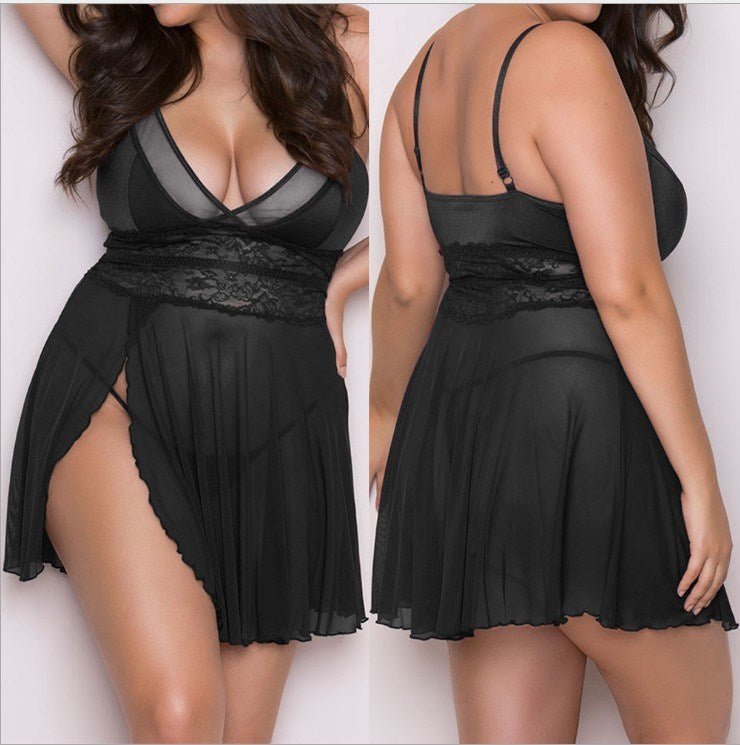 Plus size sexy nightdress for women made from soft polyester fabric, designed for comfortable and flattering pajama-style sleepwear.
