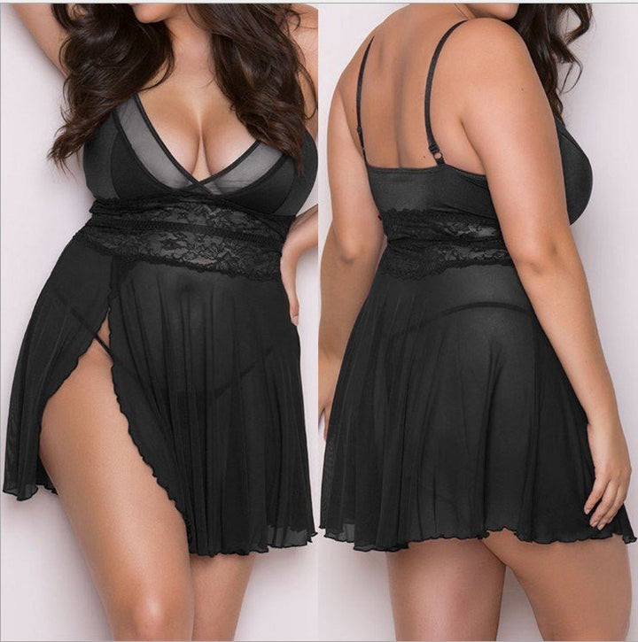 Plus size sexy nightdress for women made from soft polyester fabric, designed for comfortable and flattering pajama-style sleepwear.