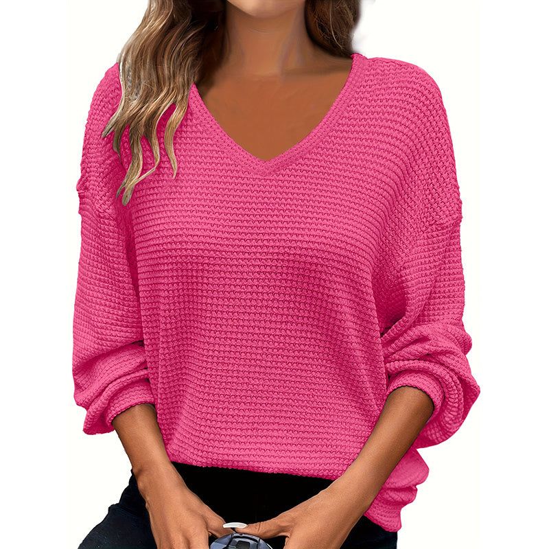 Plus Size Women's Casual V - Neck Pineapple Texture Knit Top Solid Color Long Sleeve Breathable Pullover For Spring Fall - Glow Goddess