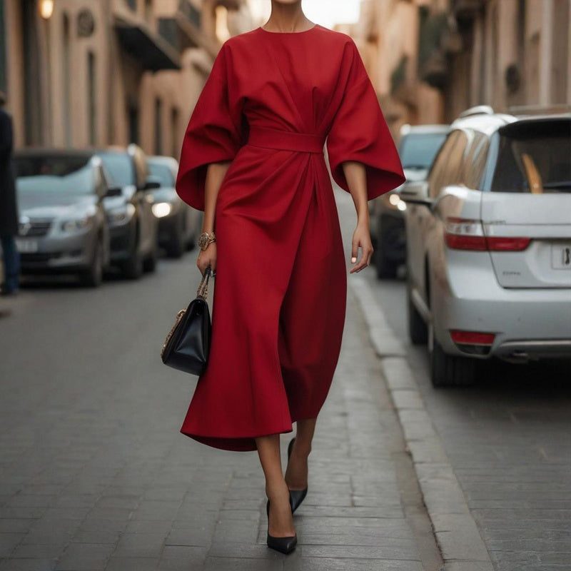 Plus Size Women's Elegant Solid Color Round Neck Mid - Sleeve Maxi Dress Waist - Defining Pleated Design For Office, Party, Wedding Guest - Glow Goddess