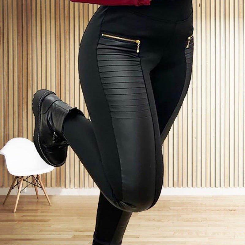 Plus Size Women's Faux Leather Splice Pants With Zip Detail Slim Fit Trousers For Spring&Fall - Glow Goddess