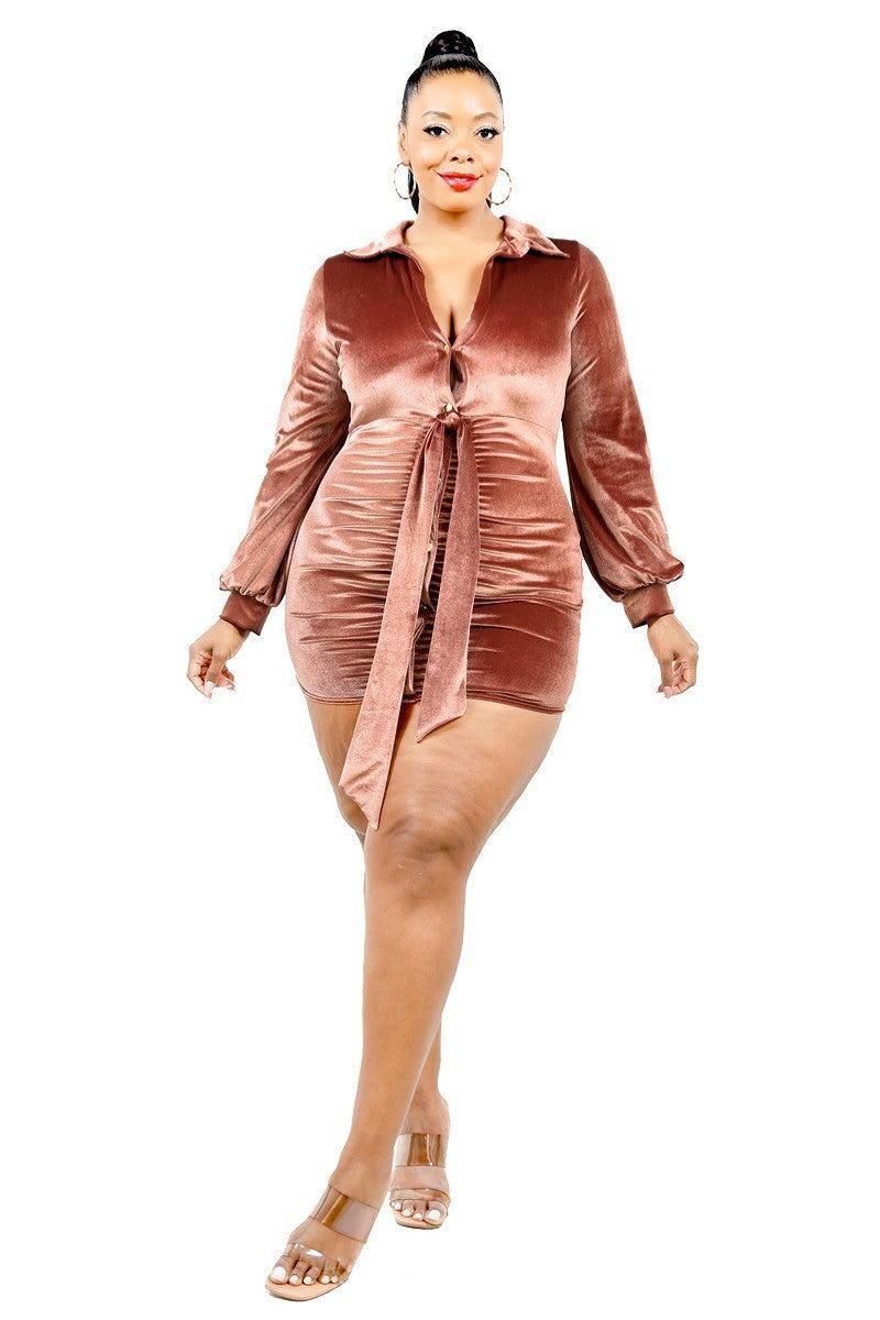 Plus Velvet Bishop Sleeve Mini Dress - Glow Goddess