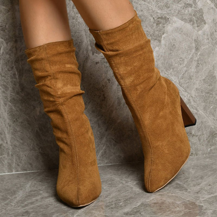Pointed Toe High Block Heels Boots Woman Winter Warm Mid - calf Suede Long Boots New Fashion Trendy Solid Shoes For Party Lady - Glow Goddess