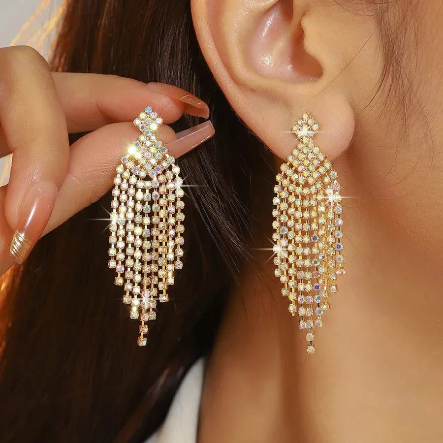 Princess tassel rhinestone earrings with copper dangle design for women, hypoallergenic and elegant statement jewelry