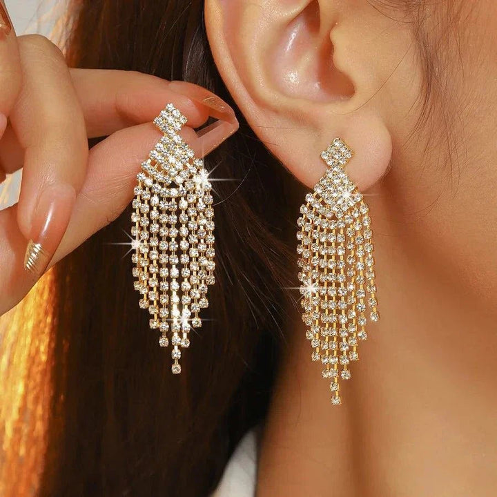 Princess tassel rhinestone earrings with copper dangle design for women, hypoallergenic and elegant statement jewelry