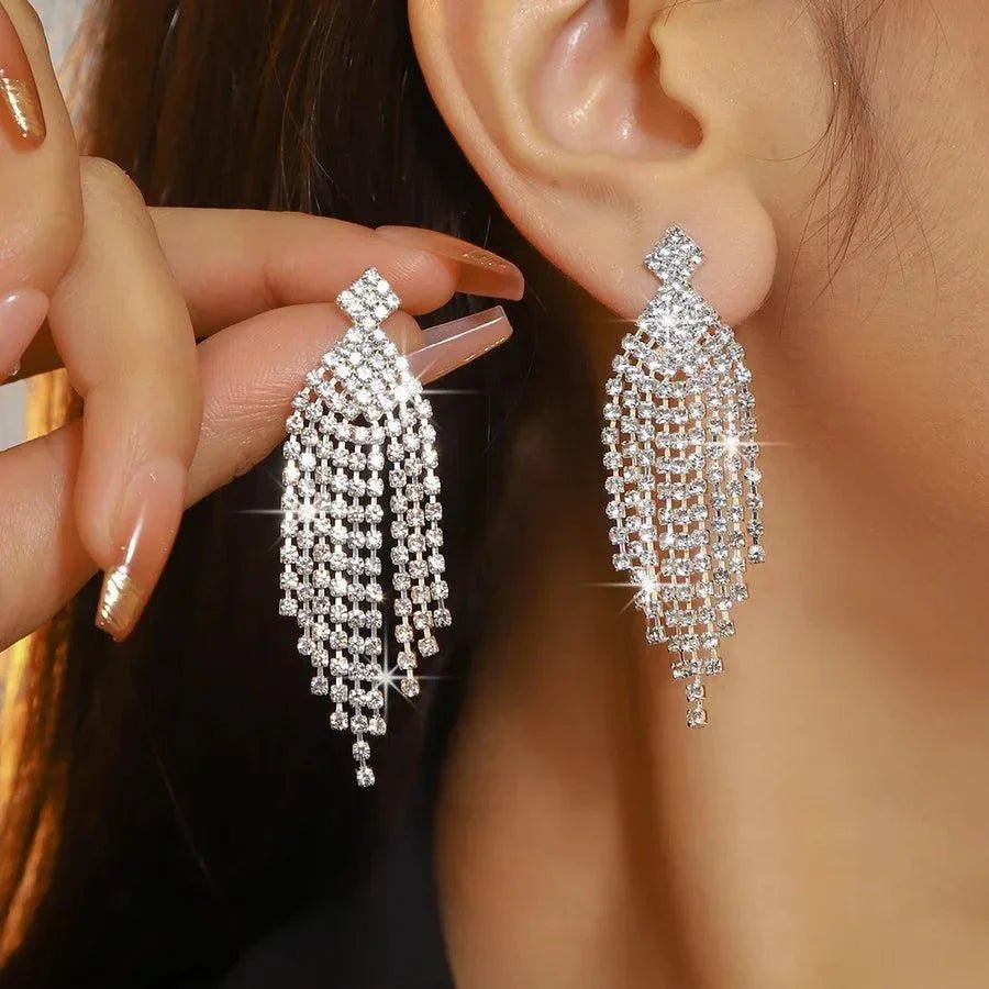 Princess tassel rhinestone earrings with copper dangle design for women, hypoallergenic and elegant statement jewelry