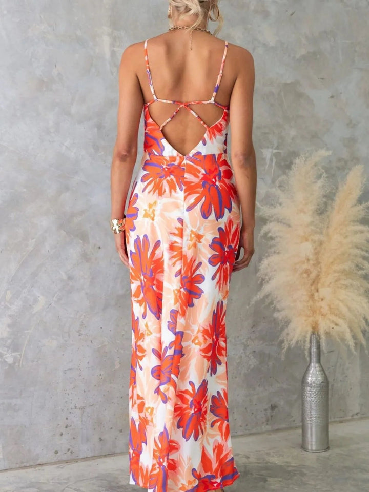 Printed Backless Maxi Dress with sleeveless design, flowing full-length silhouette, and elegant open back detail