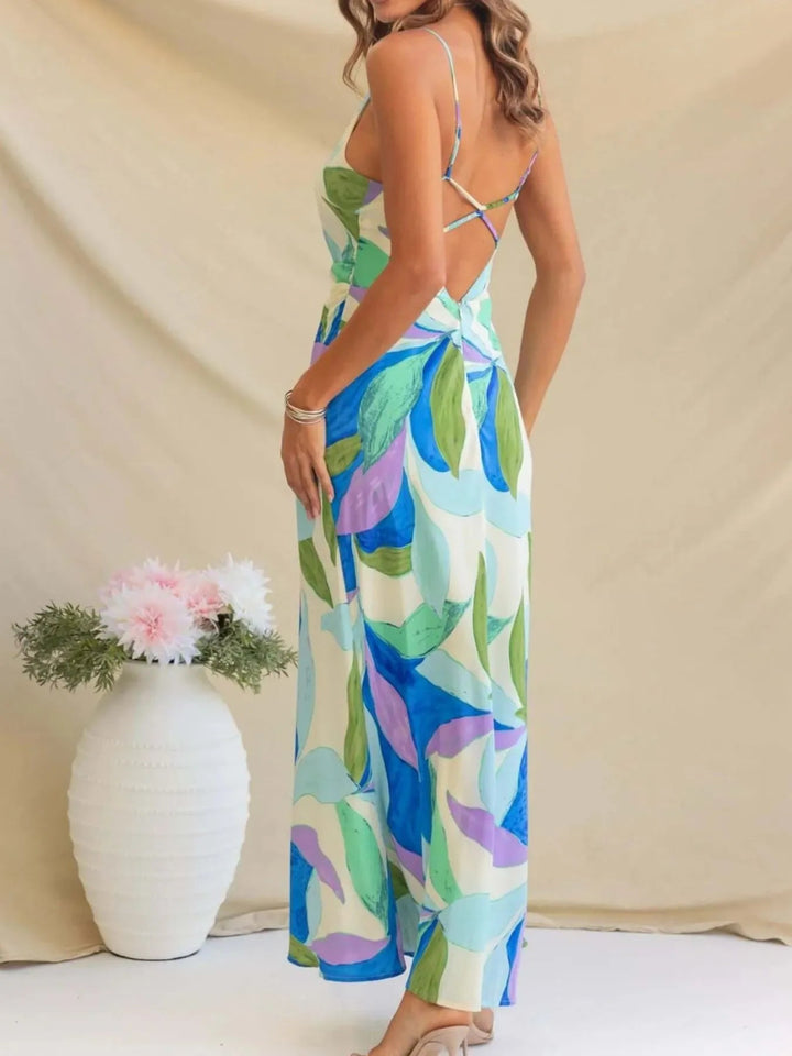 Printed Backless Maxi Dress with sleeveless design, flowing full-length silhouette, and elegant open back detail